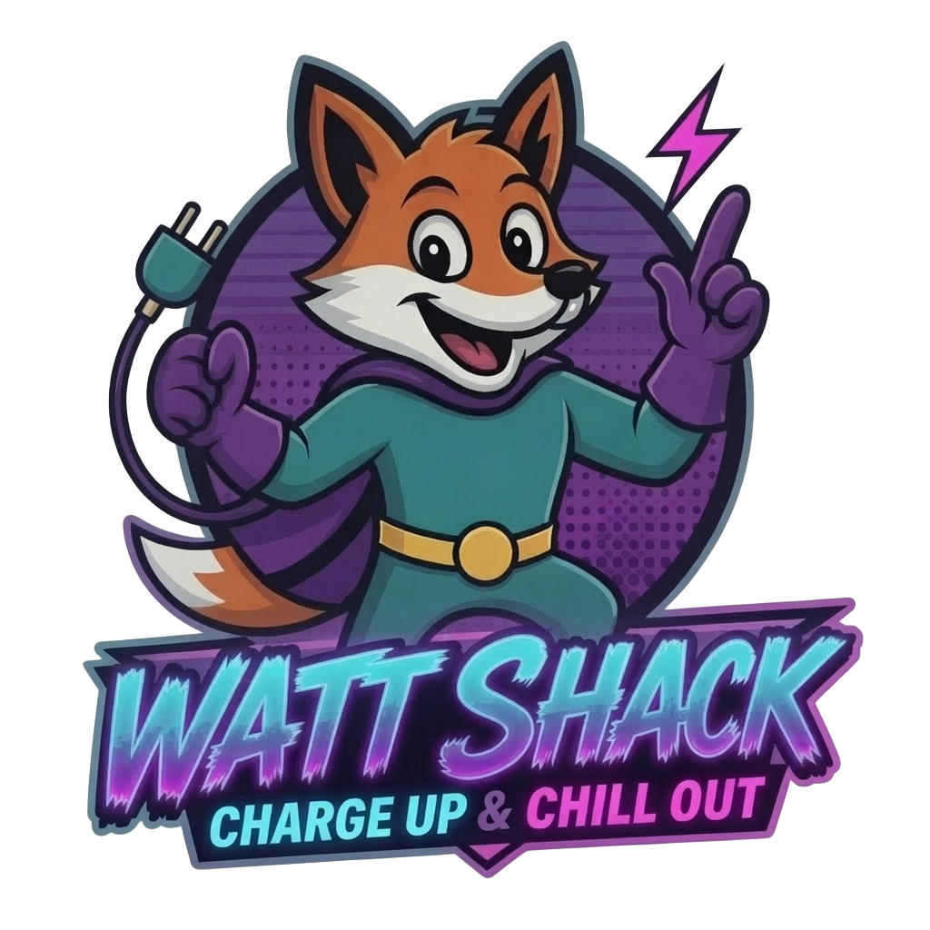Watt Shack mascot — a superhero fox holding a charging plug